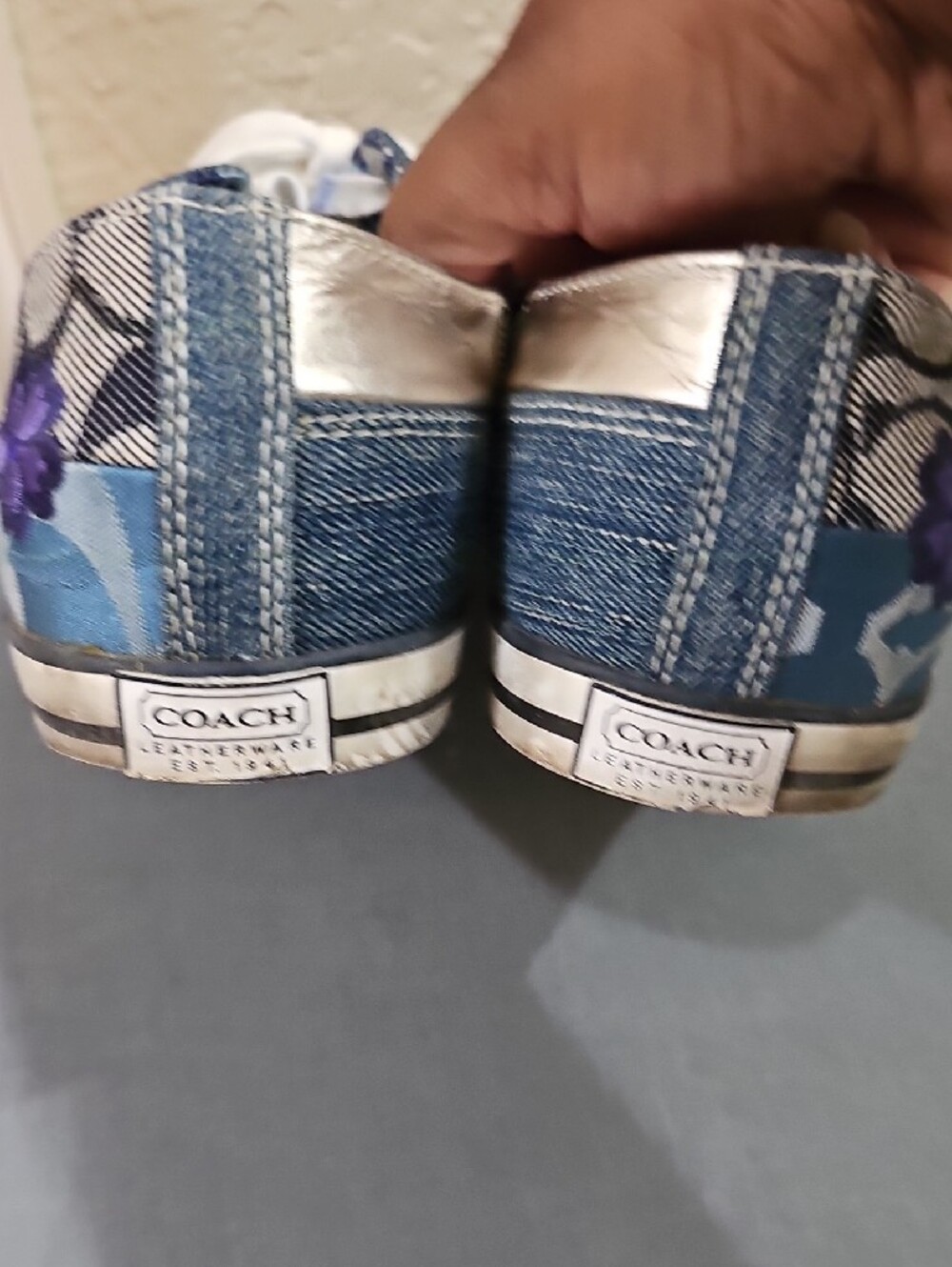 Coach Patchwork Blue Mixed-Print Lace-Up Sneakers Size 9 - Picture 7 of 12